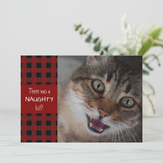 ネコいけなまたはニース赤い格子模様のMEOWYクリスマス シーズンカード (スタンド正面)