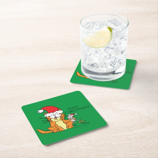 ネコおもしろいクリスマス漫画かわいいネズミ スクエアペーパーコースター (インサイチュ)