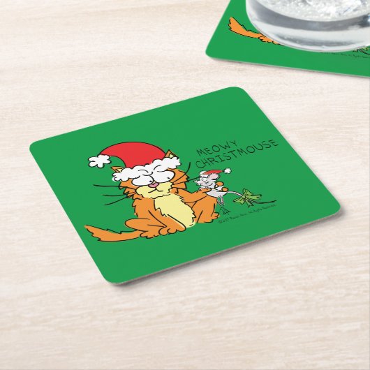 ネコおもしろいクリスマス漫画かわいいネズミ スクエアペーパーコースター (アングル)