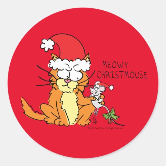 ネコおもしろいクリスマス漫画かわいいネズミ ラウンドシール (正面)