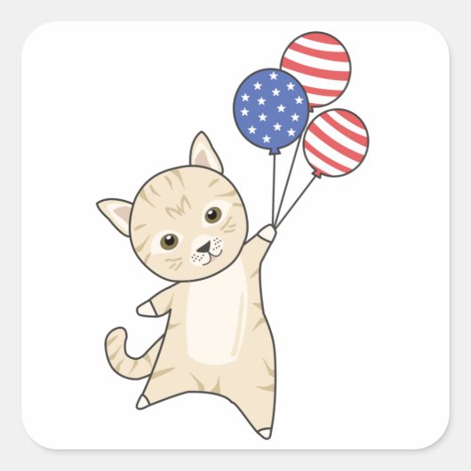 ネコおもしろいネコ7月4日アメリカ国旗 スクエアシール (正面)