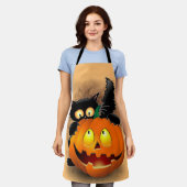 ネコおもしろいハロウィーンキャラクターカボチャをかむ エプロン (着用した状態)