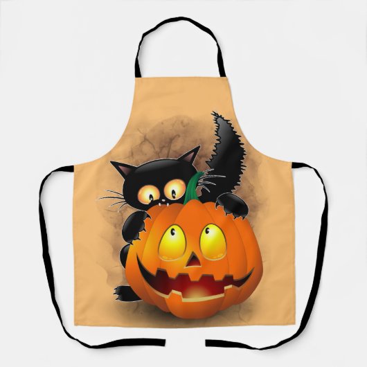 ネコおもしろいハロウィーンキャラクターカボチャをかむ エプロン (正面)