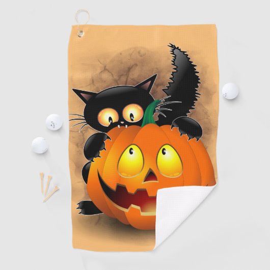 ネコおもしろいハロウィーンキャラクターカボチャをかむ ゴルフタオル (インサイチュ)