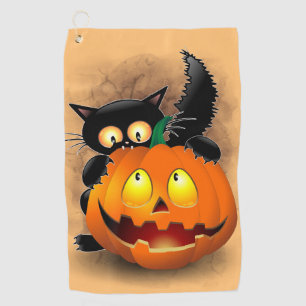 ネコおもしろいハロウィーンキャラクターカボチャをかむ ゴルフタオル