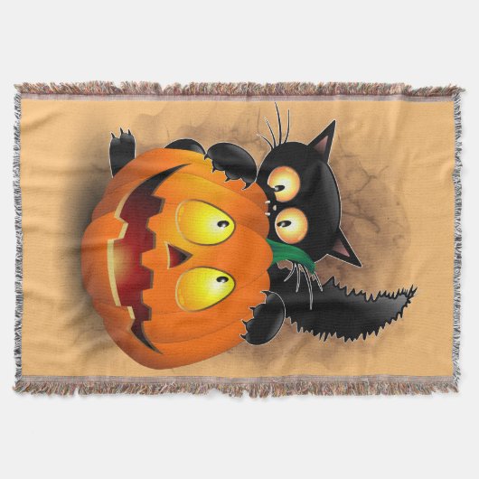 ネコおもしろいハロウィーンキャラクターカボチャをかむ スローブランケット (正面)
