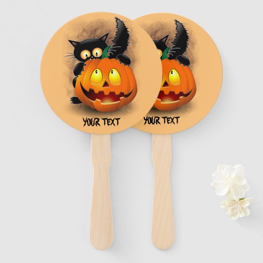 ネコおもしろいハロウィーンキャラクターカボチャをかむ ハンドファン (正面&裏面)
