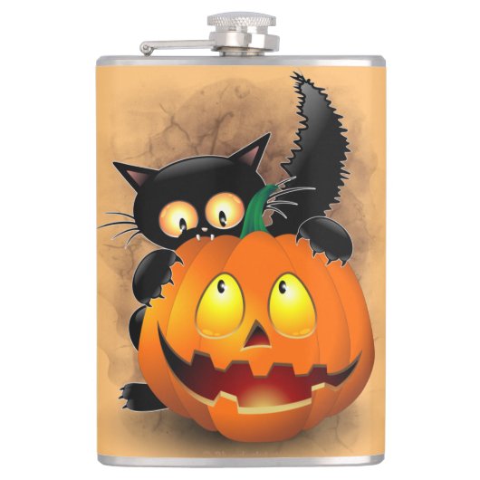 ネコおもしろいハロウィーンキャラクターカボチャをかむ フラスク (正面)