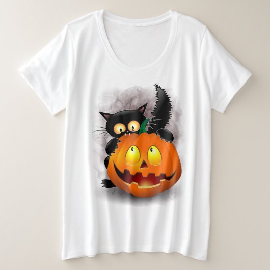 ネコおもしろいハロウィーンキャラクターカボチャをかむ プラスサイズTシャツ (デザイン正面)