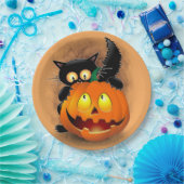 ネコおもしろいハロウィーンキャラクターカボチャをかむ ペーパープレート (パーティー)