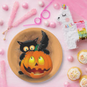 ネコおもしろいハロウィーンキャラクターカボチャをかむ ペーパープレート (パーティー)