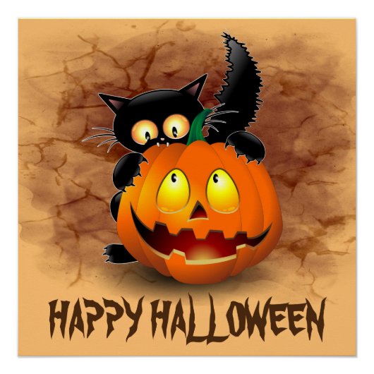 ネコおもしろいハロウィーンキャラクターカボチャをかむ ポスター (正面)