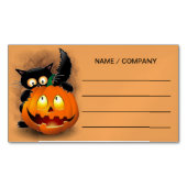 ネコおもしろいハロウィーンキャラクターカボチャをかむ マグネット名刺 (正面)