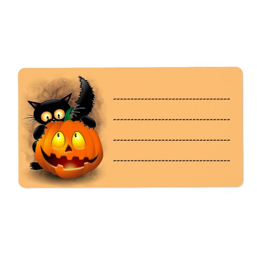 ネコおもしろいハロウィーンキャラクターカボチャをかむ ラベル (正面)