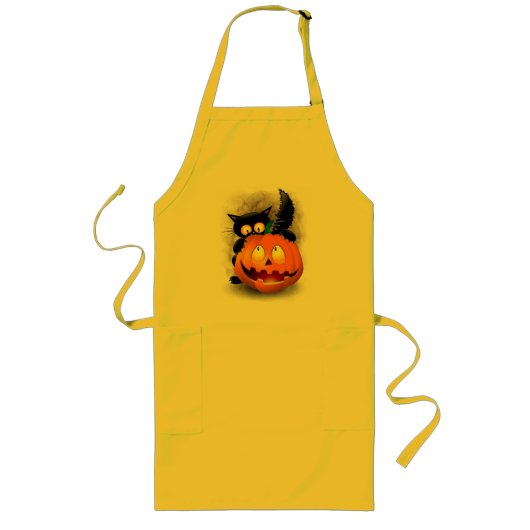 ネコおもしろいハロウィーンキャラクターカボチャをかむ ロングエプロン (正面)