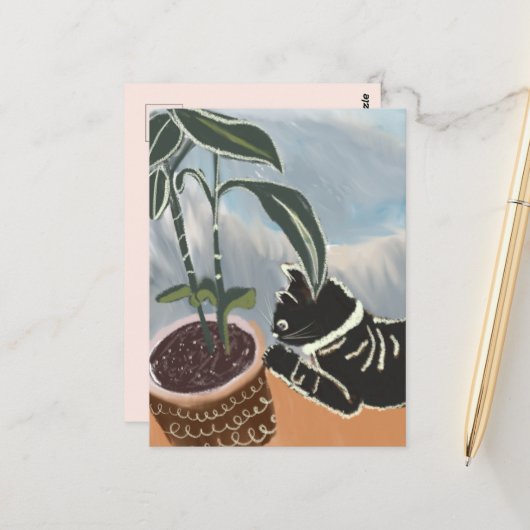 ネコがハウスプランツを眺めるポストカード ポストカード (正面/裏面インサイチュ)