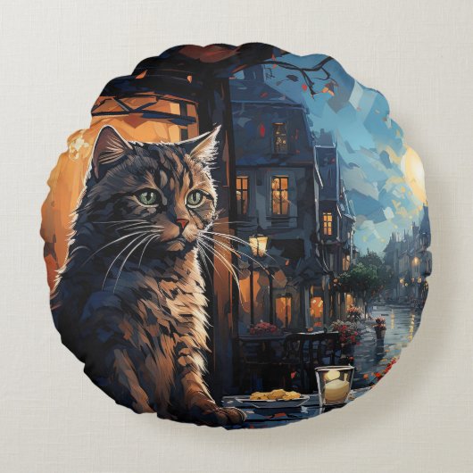 ネコとカフェアットナイト ラウンドクッション (正面)