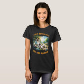ネコとサンシャインウィメンズブラック Tシャツ (正面フル)