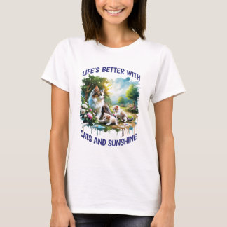 ネコとサンシャインウィメンホワイト Tシャツ