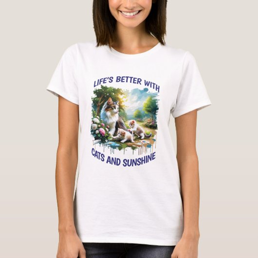 ネコとサンシャインウィメンホワイト Tシャツ (正面)