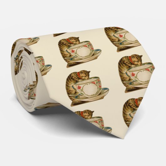 ネコとティーカップのヴィンテージ ビクトリアン ネクタイ (ロール)