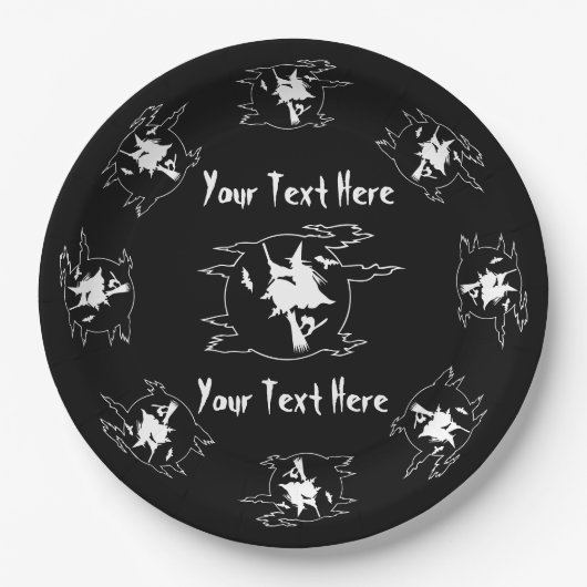 ネコとハロウィンのブロムスティックの魔女 ペーパープレート (正面)