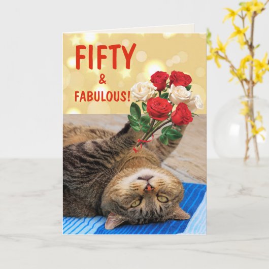ネコとバラ50番誕生日 カード (黄色い花)