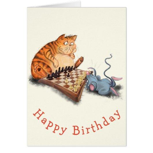 ネコとマウスのチェス遊ベビー誕生日カード (正面)