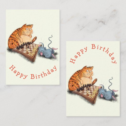 ネコとマウス遊のチェス誕生日カード ノートカード (正面/裏面)