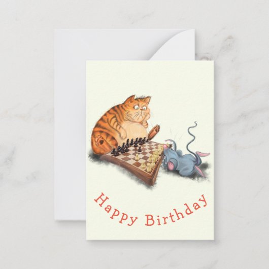 ネコとマウス遊のチェス誕生日カード ノートカード (正面)