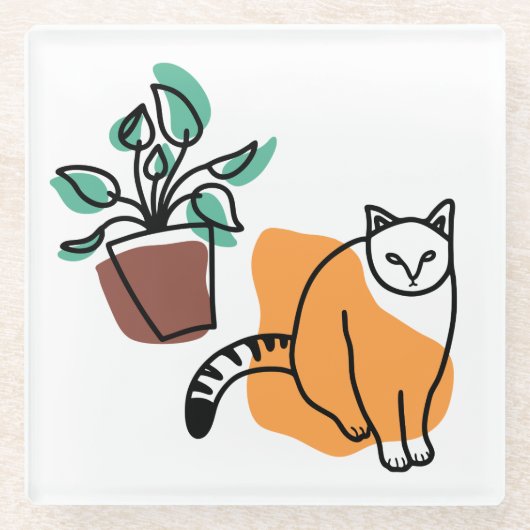 ネコと植物 ガラスコースター (正面)