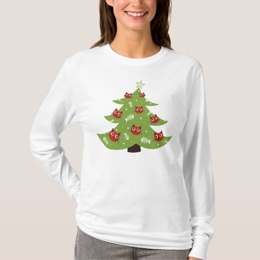 ネコと魚のオーナメントクリスマスツリー長袖 Tシャツ (正面)
