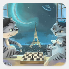 ネコのエッフェル塔 - 夜 クラシック スクエア ステッカー