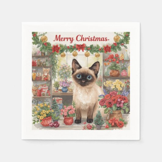 ネコのクリスマスフラワーアレンジメント花屋 スタンダードカクテルナプキン (正面)