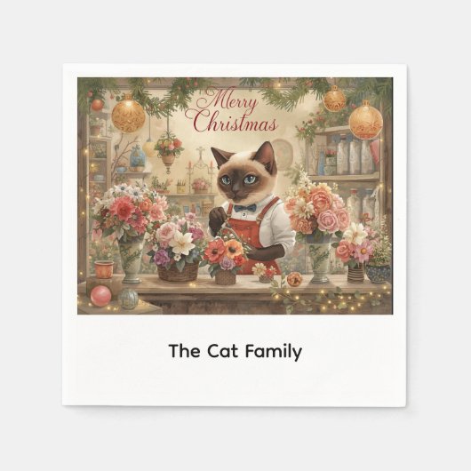 ネコのクリスマスフラワーアレンジメント花屋 スタンダードカクテルナプキン (正面)