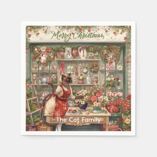 ネコのクリスマスフラワーアレンジメント花屋 スタンダードカクテルナプキン (正面)