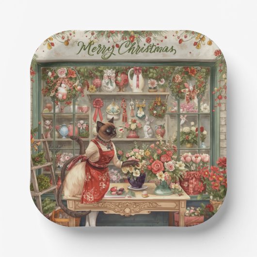 ネコのクリスマスフラワーアレンジメント花屋 ペーパープレート (正面)