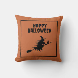 ネコのハロウィンと箒の魔女 クッション