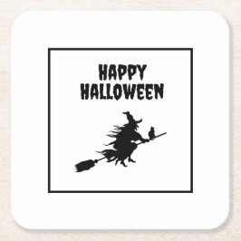 ネコのハロウィンと箒の魔女 スクエアペーパーコースター