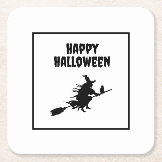ネコのハロウィンと箒の魔女 スクエアペーパーコースター (正面)