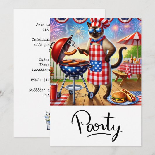 ネコのバーベキュー・パーティー　４日　独立記念日 招待状 (正面/裏面)