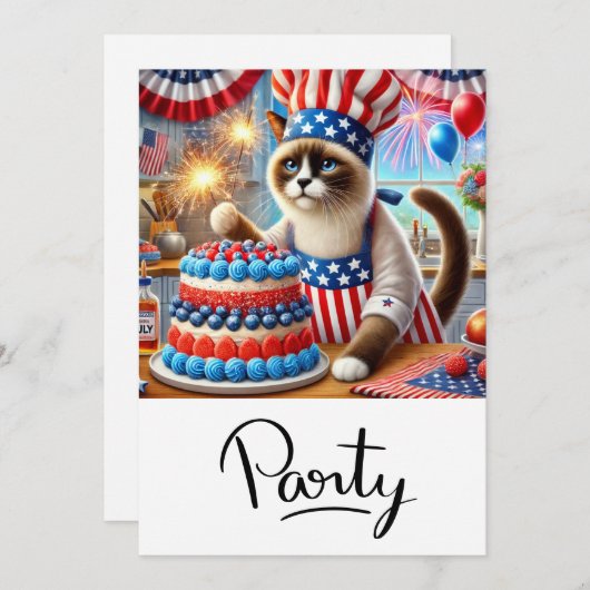 ネコのバーベキュー・パーティー 4日 独立記念日 招待状 (正面/裏面)