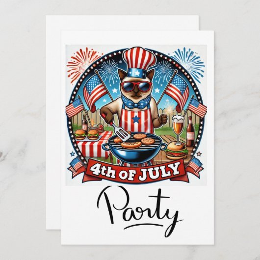 ネコのバーベキュー・パーティー　7月4日　独立記念日 招待状 (正面/裏面)