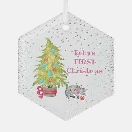 ネコの初めてのクリスマスガラスオーナメント ガラスオーナメント (正面)