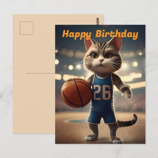 「ネコの気質添えのバスケットボール」誕生日 ポストカード (正面/裏面)