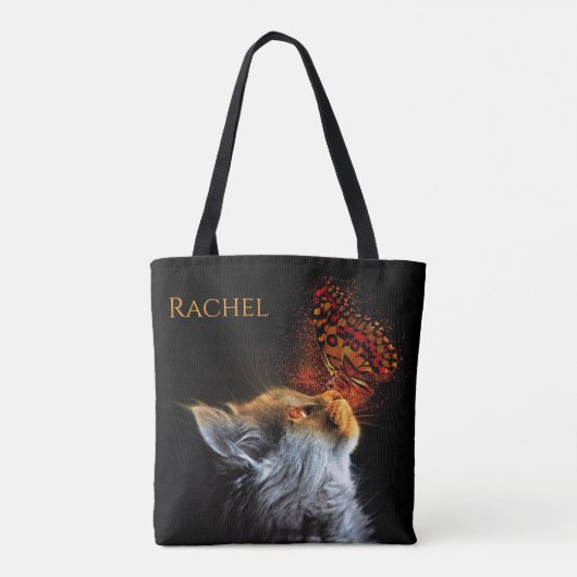 ネコの蝶のキスパーソナライズされた名 トートバッグ (裏面)