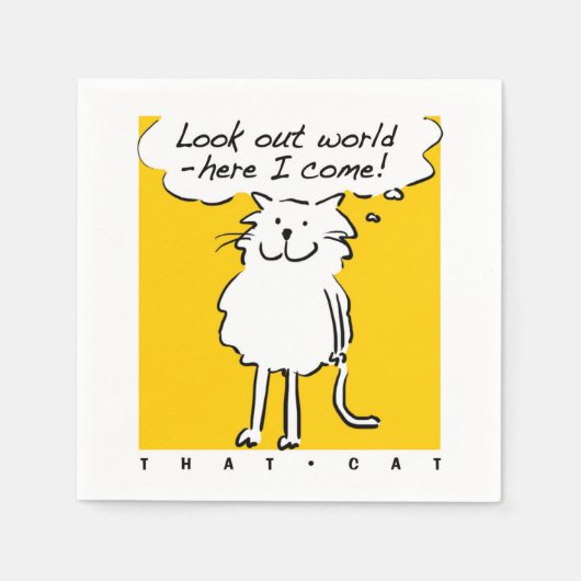 ネコデザイン。「外を見ろ、わしが来!」 スタンダードカクテルナプキン (正面)
