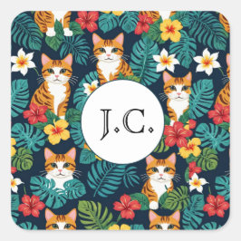 ネコハワイアンシャツスタイル柄トロピカルジンジャー スクエアシール