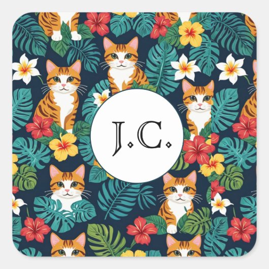 ネコハワイアンシャツスタイル柄トロピカルジンジャー スクエアシール (正面)
