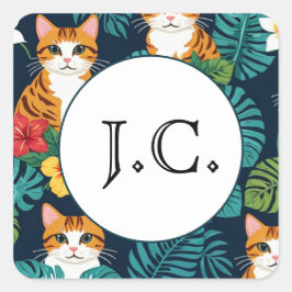 ネコハワイアンシャツスタイル柄トロピカルジンジャー スクエアシール